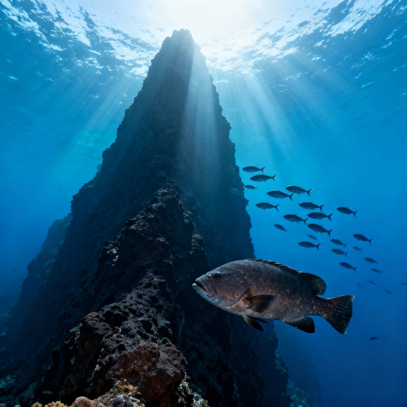 Pared volcánica sumergida en aguas azul profundo de El Hierro con meros y bancos de peces bajo los rayos del sol