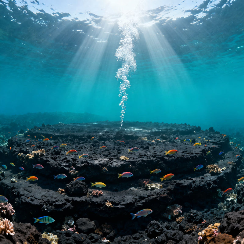 Arrecife volcánico iluminado por rayos de sol con burbujas ascendiendo hacia la superficie en aguas azules de Canarias